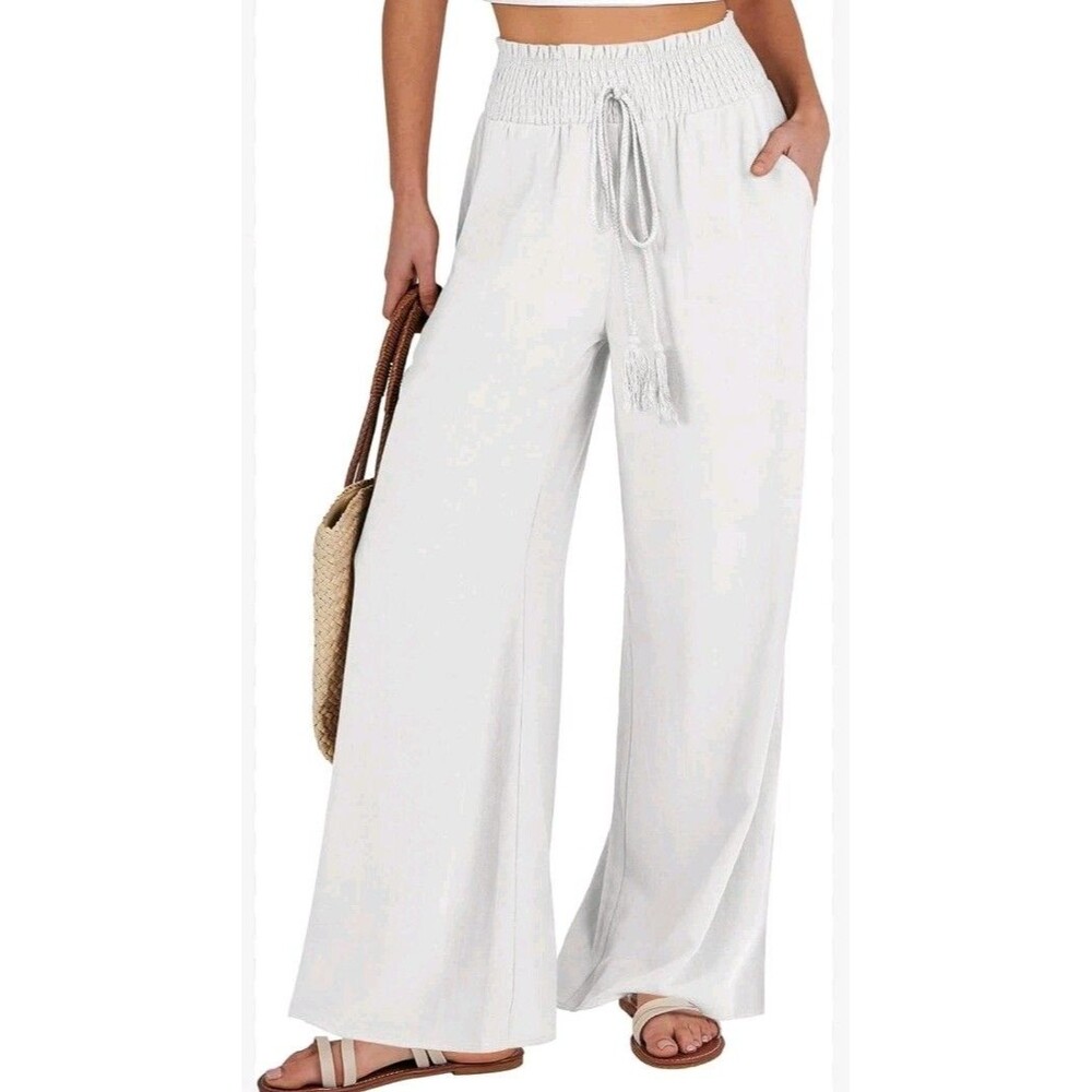 ANRABESS White Linen Palazzo Pants L Wide Leg Beach Summer Boho Coastal